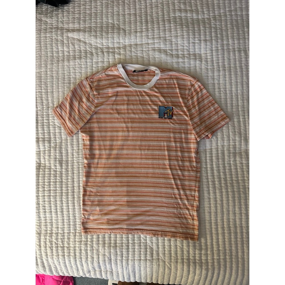 MTV Orange White Striped Short Sleeved T-Shirt Men's Large Retro 90s Crew Neck
